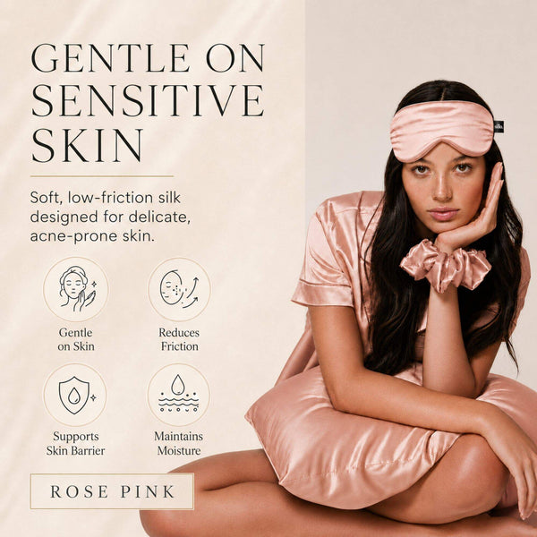 Sillo Rose Pink Silk Pillowcase, Gentle on Sensitive Skin. Soft, low-friction 22 momme mulberry silk designed for delicate, acne-prone skin. Benefits: Gentle on Skin, Reduces Friction, Supports Skin Barrier, Maintains Moisture.