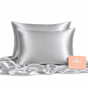 Sillo Silver Silk Pillowcase 2 Pack — 22-Momme Grade 6A Organic Mulberry Silk Woven with Silver Ions, Reduces Hair Frizz and Breakage, Anti-Acne, Includes 2 Silk Pillowcases and Sillo Care Washbag