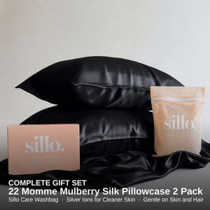 Sillo Black Silk Pillowcase 2 Pack Gift Set — Anti-Acne, Reduces Hair Frizz and Breakage, 22-Momme Grade 6A Organic Mulberry Silk Woven with Silver Ions, Includes 2 Silk Pillowcases and Sillo Care Washbag
