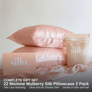 Sillo Haze Blue Silk Pillowcase 2 Pack Gift Set— Anti-Acne, Reduces Hair Frizz and Breakage, 22-Momme Grade 6A Organic Mulberry Silk Woven with Silver Ions, Includes 2 Silk Pillowcases and Sillo Care Washbag