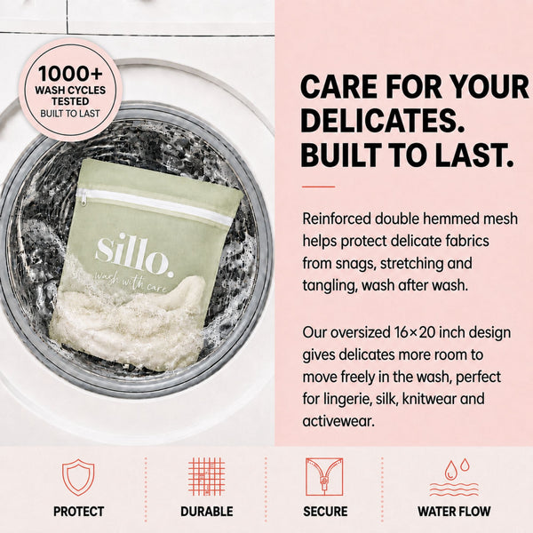 Built to last Sillo Care mesh laundry bag for delicates pistachio color tumbling inside a front loading washing machine drum with suds, tested for 1000 wash cycles protecting lingerie, bras, silk and activewear from wear and tear in the washing machine.