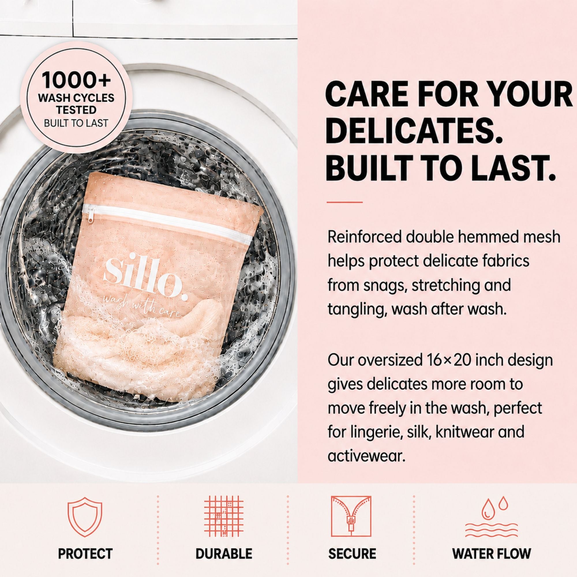 mesh laundry bag with silk bedspread inside, delicate cycle washing machine setting
