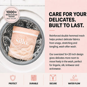 Built to last Sillo Care mesh laundry bag for delicates tumbling inside a front loading washing machine drum with suds, tested for 1000 wash cycles protecting lingerie, bras, silk and activewear from wear and tear in the washing machine.