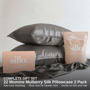 Sillo Charcoal Grey Silk Pillowcase 2 Pack Gift Set— Anti-Acne, Reduces Hair Frizz and Breakage, 22-Momme Grade 6A Organic Mulberry Silk Woven with Silver Ions, Includes 2 Silk Pillowcases and Sillo Care Washbag