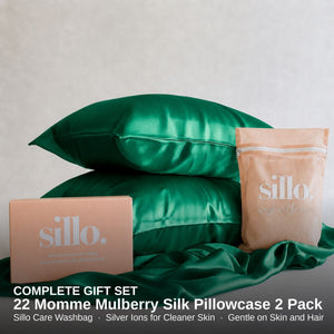Sillo Emerald Silk Pillowcase 2 Pack Gift Set — Anti-Acne, Reduces Hair Frizz and Breakage, 22-Momme Grade 6A Organic Mulberry Silk Woven with Silver Ions, Includes 2 Silk Pillowcases and Sillo Care Washbag