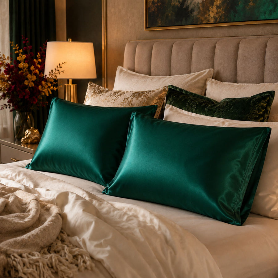 Two emerald green Sillo silk pillowcase woven with silver ions 22 momme mulberry silk displayed on a bed with white and velvet pillows in a warm, elegantly decorated bedroom.