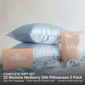 Sillo Haze Blue Silk Pillowcase 2 Pack Gift Set — Anti-Acne, Reduces Hair Frizz and Breakage, 22-Momme Grade 6A Organic Mulberry Silk Woven with Silver Ions, Includes 2 Silk Pillowcases and Sillo Care Washbag
