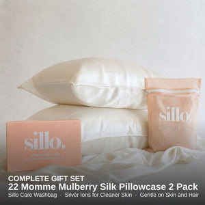Sillo Ivory White Silk Pillowcase 2 Pack — Anti-Acne, Reduces Hair Frizz and Breakage, 22-Momme Grade 6A Organic Mulberry Silk Woven with Silver Ions, Gift set Includes 2 Silk Pillowcases and Sillo Care Washbag