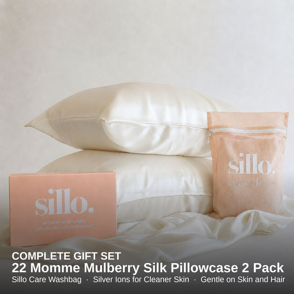 Sillo Ivory White Silk Pillowcase 2 Pack — Anti-Acne, Reduces Hair Frizz and Breakage, 22-Momme Grade 6A Organic Mulberry Silk Woven with Silver Ions, Gift set Includes 2 Silk Pillowcases and Sillo Care Washbag