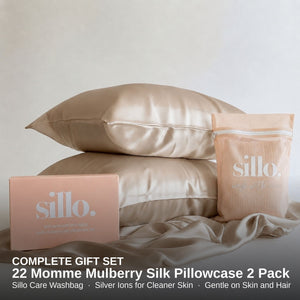 Sillo Light Champagne Silk Pillowcase 2 Pack Gift Set — Anti-Acne, Reduces Hair Frizz and Breakage, 22-Momme Grade 6A Organic Mulberry Silk Woven with Silver Ions, Includes 2 Silk Pillowcases and Sillo Care Washbag
