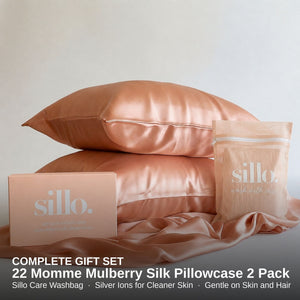 Sillo Rose Pink Silk Pillowcase 2 Pack Gift Set— Anti-Acne, Reduces Hair Frizz and Breakage, 22-Momme Grade 6A Organic Mulberry Silk Woven with Silver Ions, Includes 2 Silk Pillowcases and Sillo Care Washbag