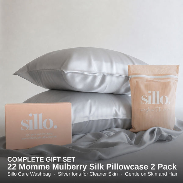 Sillo Silver Silk Pillowcase 2 Pack Gift Set— Anti-Acne, Reduces Hair Frizz and Breakage, 22-Momme Grade 6A Organic Mulberry Silk Woven with Silver Ions, Includes 2 Silk Pillowcases and Sillo Care Washbag