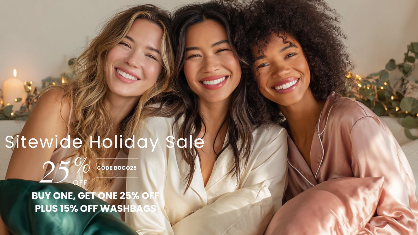 Models holding Sillo mulberry silk pillowcases in blush pink, ivory, and emerald green, highlighting luxurious silk bedding for glowing skin, healthy hair, and holiday gifting.