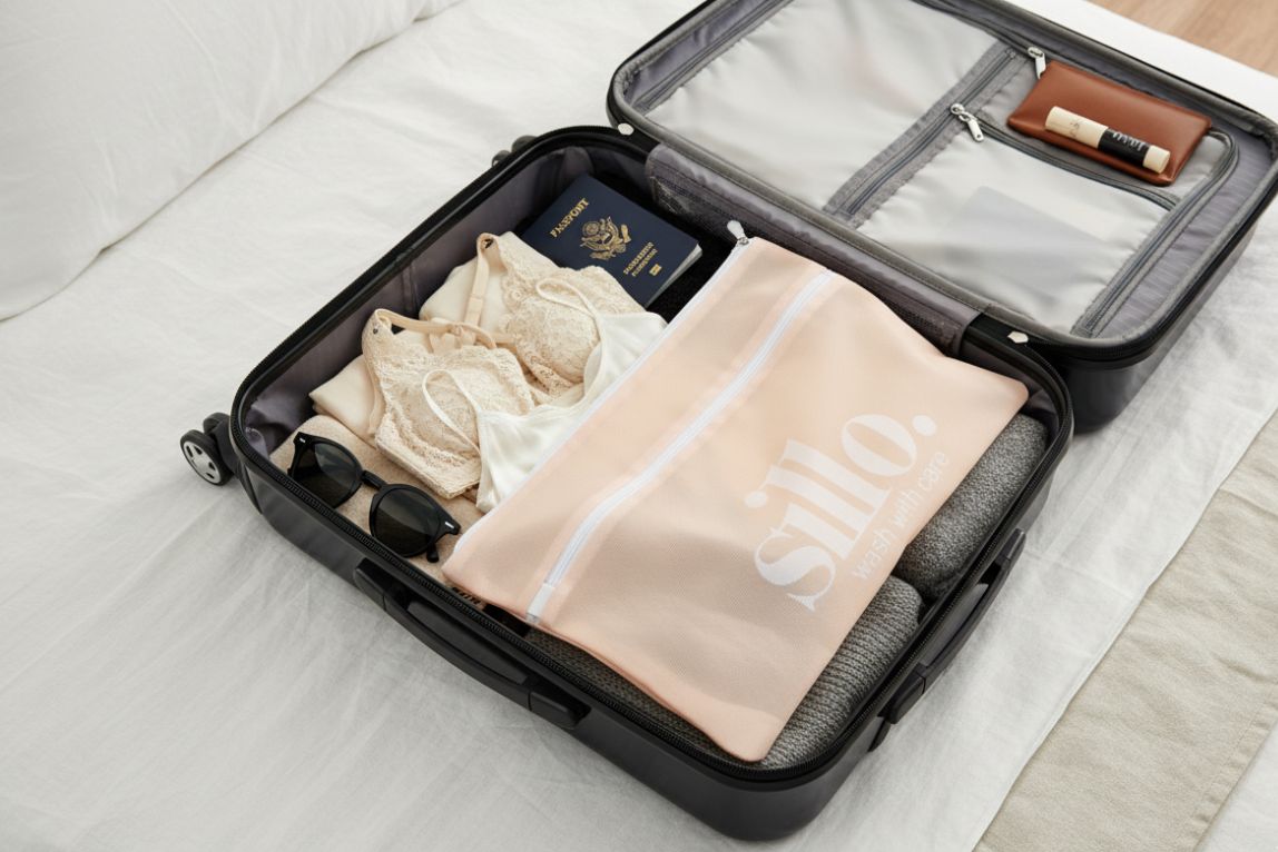 Sillo Care 2-Pack laundry mesh wash bags, perfect for travel or gym days to separate clean and dirty clothing. Lightweight, breathable, and ideal for lingerie, delicates, sweaters, and gym wear. Keeps packing fresh and organized on the go.