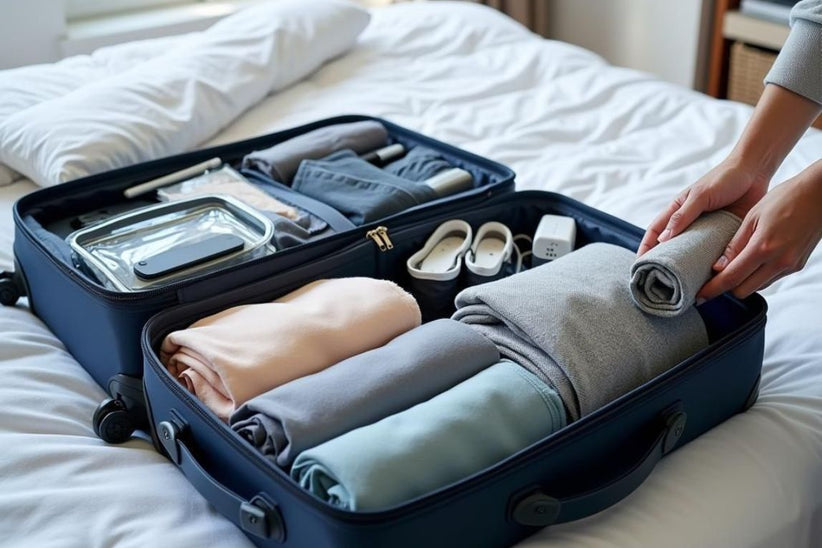 Sillo Care mesh wash bag packed in a neatly organized suitcase for travel with delicates and lingerie
