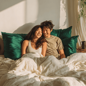 Emerald Green Sillo silk pillowcase styled on bed in modern bedroom; 22-Momme Mulberry silk woven with silver ions for acne-prone, sensitive skin and hot sleepers seeking cool, temperature-regulating, wrinkle-reducing sleep.