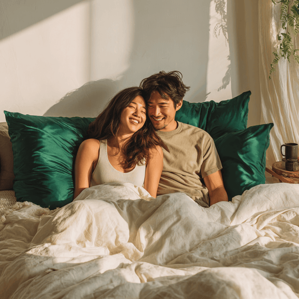 Emerald Green Sillo silk pillowcase styled on bed in modern bedroom; 22-Momme Mulberry silk woven with silver ions for acne-prone, sensitive skin and hot sleepers seeking cool, temperature-regulating, wrinkle-reducing sleep.