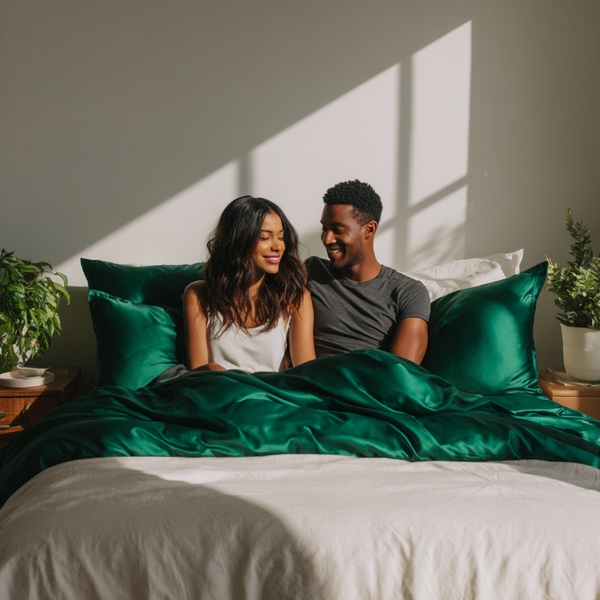 Emerald Green Sillo silk pillowcase styled on bed in modern bedroom; 22-Momme Mulberry silk woven with silver ions for acne-prone, sensitive skin and hot sleepers seeking cool, temperature-regulating, wrinkle-reducing sleep.