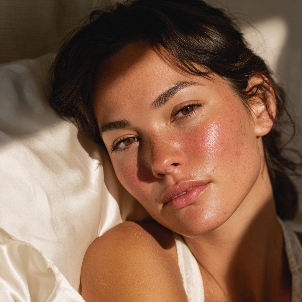 Woman with sensitive, acne-prone skin resting on Sillo silk pillowcase — hypoallergenic 22-Momme mulberry silk that soothes redness, prevents irritation, and supports healthy skin overnight