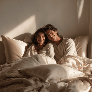 Light Champagne Sillo silk pillowcase styled on bed in modern bedroom; 22 Momme Mulberry silk woven with silver ions for acne-prone, sensitive skin and hot sleepers seeking cool, temperature-regulating, wrinkle-reducing sleep.