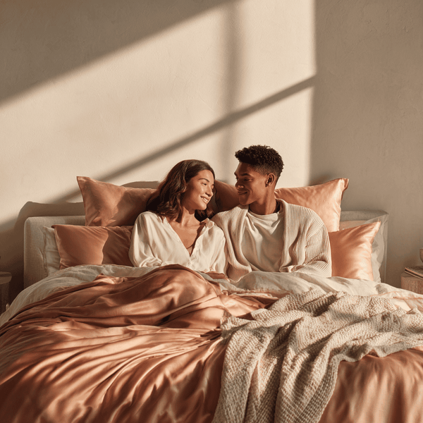 Rose Pink Sillo silk pillowcase styled on bed in modern bedroom; 22 Momme Mulberry silk woven with silver ions for acne-prone, sensitive skin and hot sleepers seeking cool, temperature-regulating, wrinkle-reducing sleep.