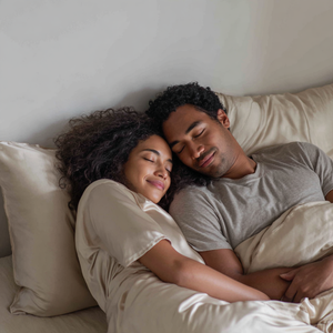 Light Champagne Sillo silk pillowcase styled on bed in modern bedroom; 22 Momme Mulberry silk woven with silver ions for acne-prone, sensitive skin and hot sleepers seeking cool, temperature-regulating, wrinkle-reducing sleep.