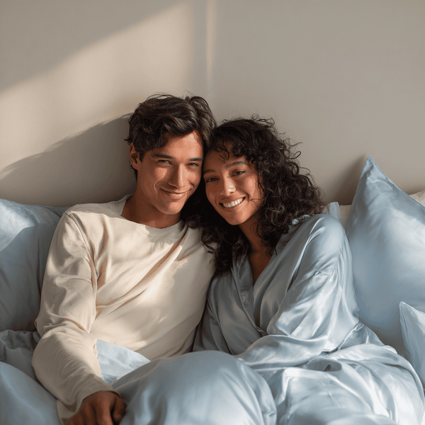 Haze Blue Sillo silk pillowcase styled on bed in modern bedroom; 22 Momme Mulberry silk woven with silver ions for acne-prone, sensitive skin and hot sleepers seeking cool, temperature-regulating, wrinkle-reducing sleep.