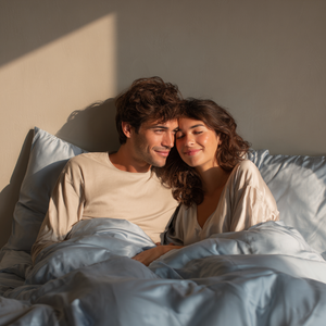 Haze Blue Sillo silk pillowcase styled on bed in modern bedroom; 22 Momme Mulberry silk woven with silver ions for acne-prone, sensitive skin and hot sleepers seeking cool, temperature-regulating, wrinkle-reducing sleep.