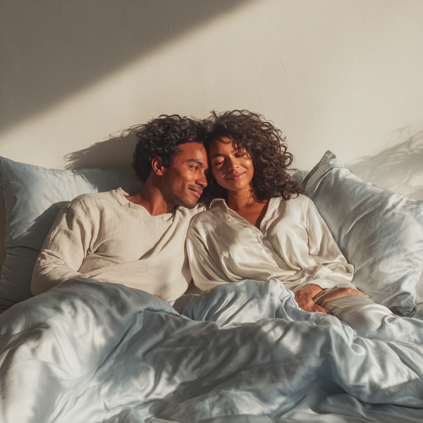 Silver Sillo silk pillowcase styled on bed in modern bedroom; 22 Momme Mulberry silk woven with silver ions for acne-prone, sensitive skin and hot sleepers seeking cool, temperature-regulating, wrinkle-reducing sleep.