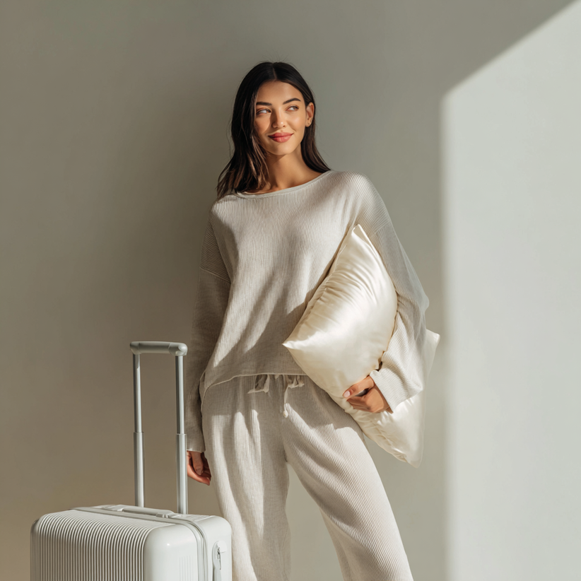 Woman standing beside her carry-on luggage holding the Sillo silk pillowcase — a 22-Momme, 6A-grade mulberry silk pillowcase infused with silver ions that helps prevent bacteria buildup and travel breakouts. Designed for sensitive, acne-prone skin, it keeps your skin calm, clear, and cared for wherever your journey takes you.
