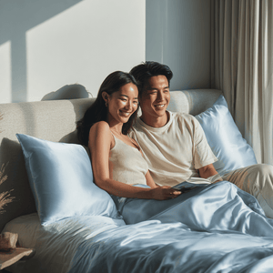 Haze Blue Sillo silk pillowcase styled on bed in modern bedroom; 22 Momme Mulberry silk woven with silver ions for acne-prone, sensitive skin and hot sleepers seeking cool, temperature-regulating, wrinkle-reducing sleep.