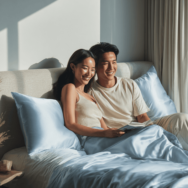 Haze Blue Sillo silk pillowcase styled on bed in modern bedroom; 22 Momme Mulberry silk woven with silver ions for acne-prone, sensitive skin and hot sleepers seeking cool, temperature-regulating, wrinkle-reducing sleep.