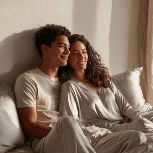 Silver Sillo silk pillowcase styled on bed in modern bedroom; 22 Momme Mulberry silk woven with silver ions for acne-prone, sensitive skin and hot sleepers seeking cool, temperature-regulating, wrinkle-reducing sleep.