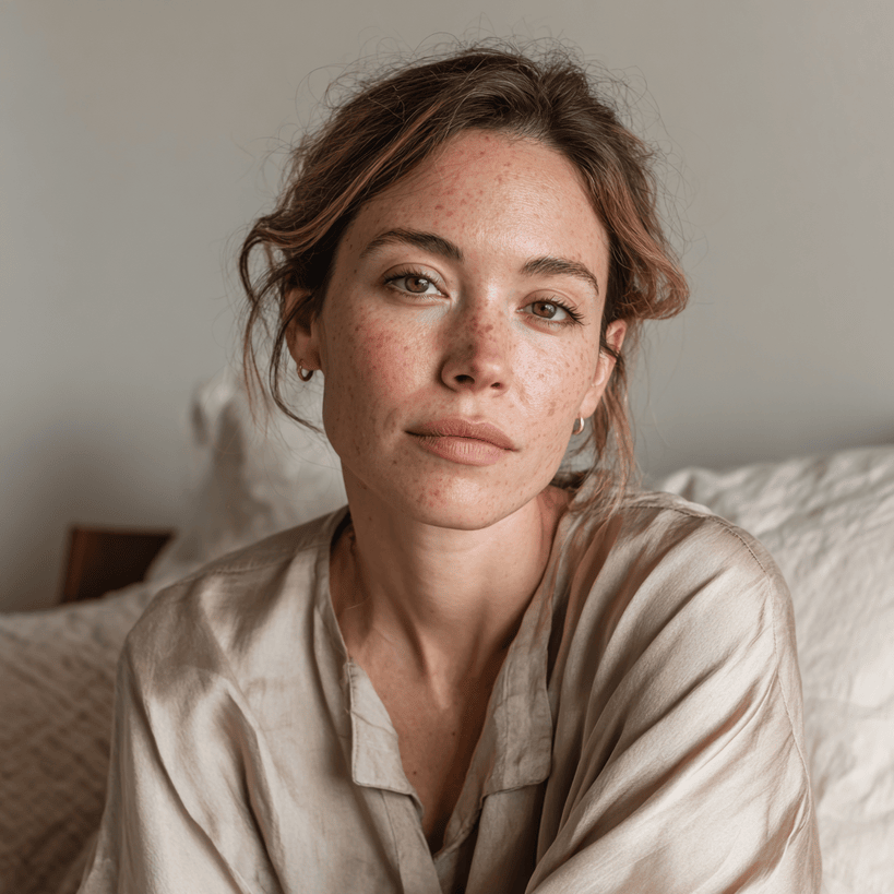 Woman sitting on bed against a Sillo 22 momme organic mulberry silk pillowcase infused with silver ions, hypoallergenic silk sleep surface designed for acne prone and sensitive skin in a gentle sleep environment.