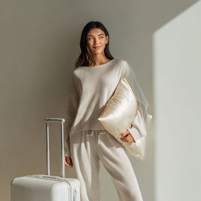 Woman standing beside her carry-on luggage holding the Sillo silk pillowcase a 22-Momme, 6A-grade mulberry silk pillowcase infused with silver ions that helps prevent bacteria buildup and travel breakouts. Designed for sensitive, acne-prone skin, it keeps your skin calm, clear, and cared for wherever your journey takes you.